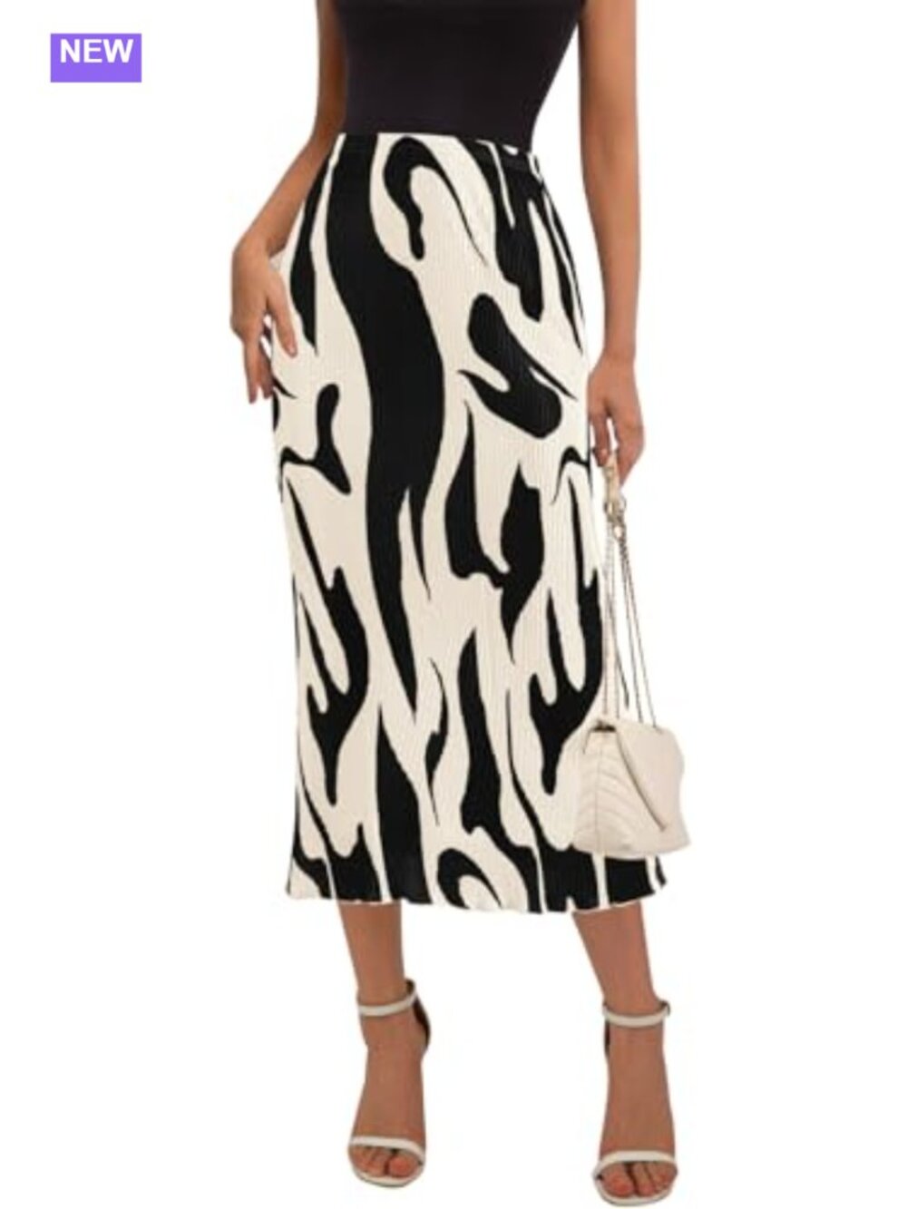 Pleated Midi Skirt High Waist Plisse Graphic Print A Line Ruffle Hem
